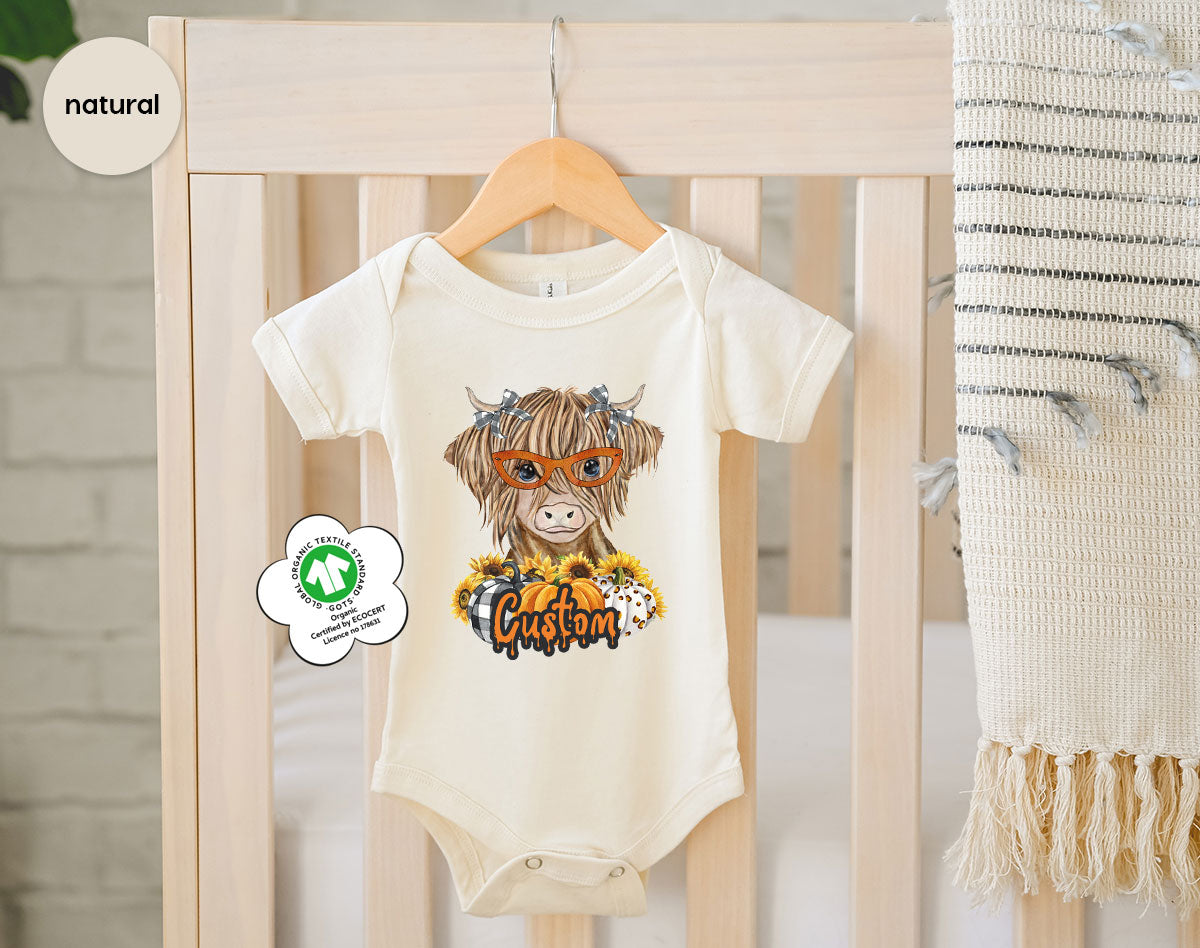 Custom Cow Shirt, Fall Graphic Tees, Personalized Farmer Gifts, Customized Pumpkin T-Shirt, Kids Farm Clothing, Thanksgiving Vneck Tshirt