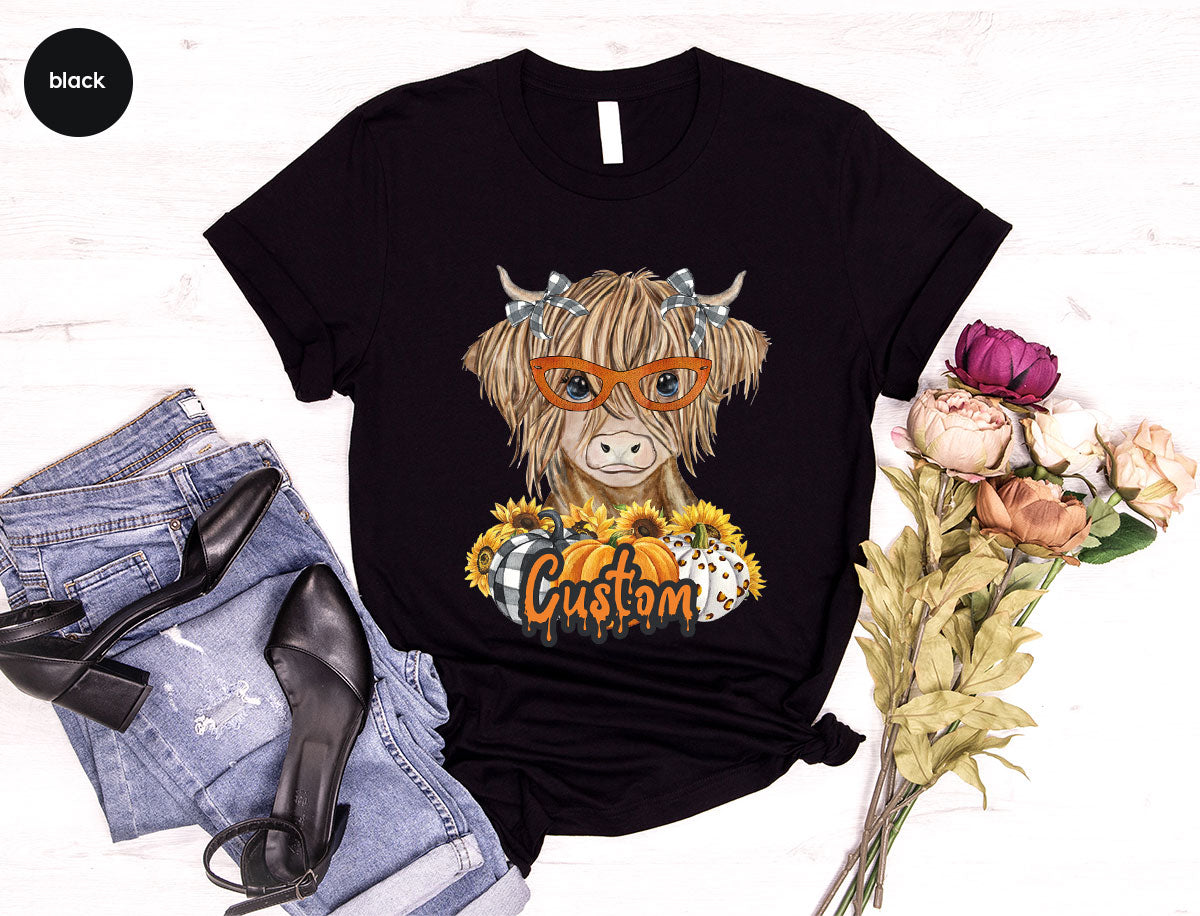 Custom Cow Shirt, Fall Graphic Tees, Personalized Farmer Gifts, Customized Pumpkin T-Shirt, Kids Farm Clothing, Thanksgiving Vneck Tshirt