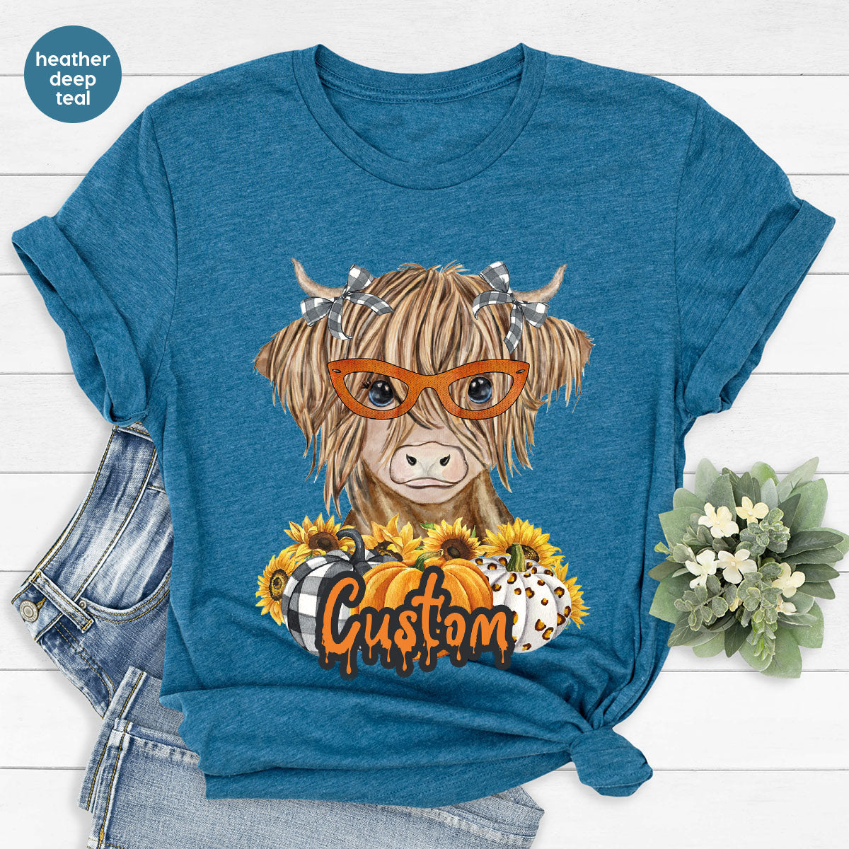 Custom Cow Shirt, Fall Graphic Tees, Personalized Farmer Gifts, Customized Pumpkin T-Shirt, Kids Farm Clothing, Thanksgiving Vneck Tshirt