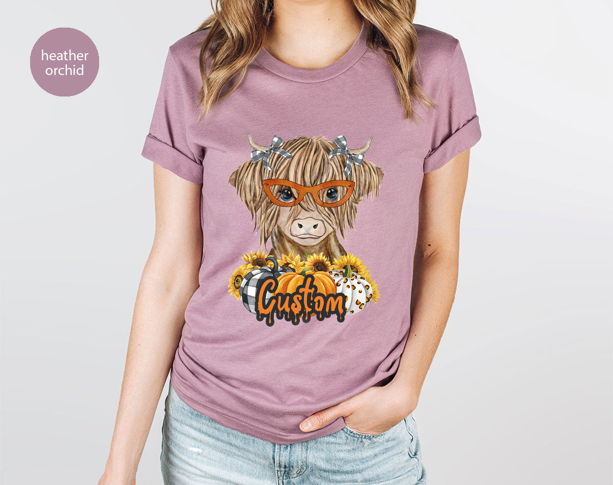 Custom Cow Shirt, Fall Graphic Tees, Personalized Farmer Gifts, Customized Pumpkin T-Shirt, Kids Farm Clothing, Thanksgiving Vneck Tshirt