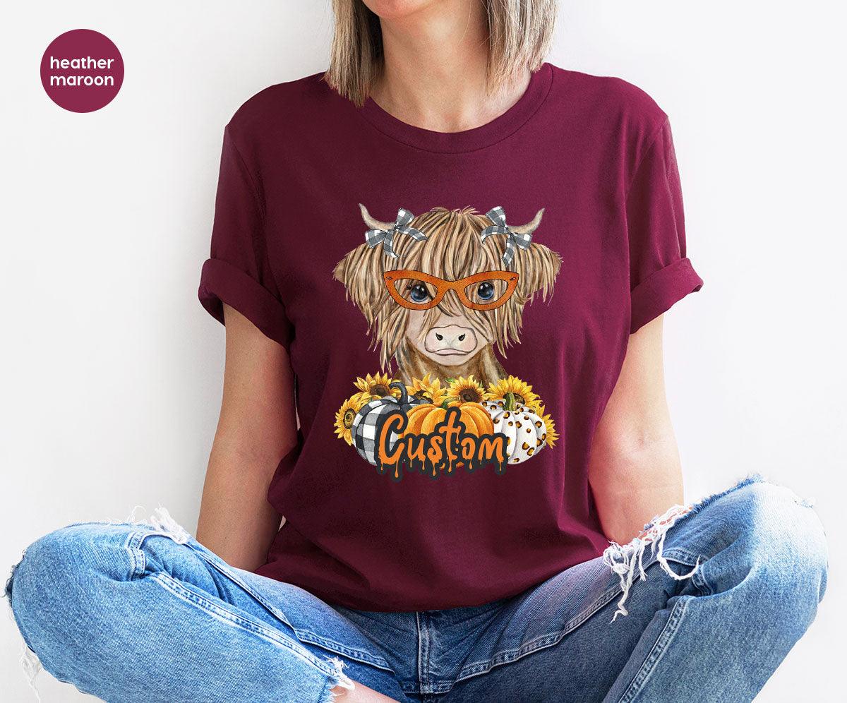 Custom Cow Shirt, Fall Graphic Tees, Personalized Farmer Gifts, Customized Pumpkin T-Shirt, Kids Farm Clothing, Thanksgiving Vneck Tshirt