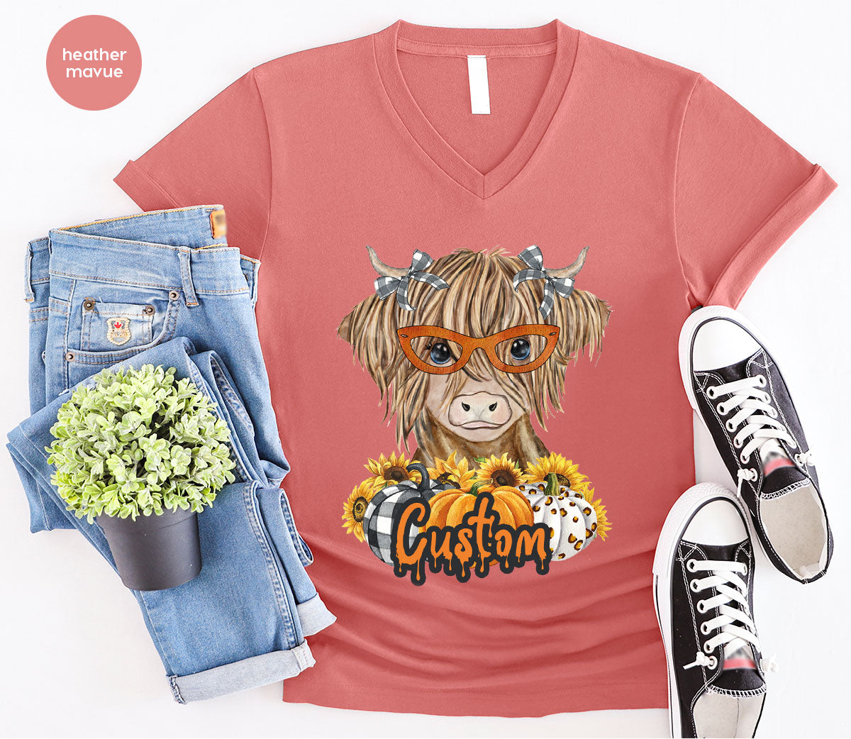 Custom Cow Shirt, Fall Graphic Tees, Personalized Farmer Gifts, Customized Pumpkin T-Shirt, Kids Farm Clothing, Thanksgiving Vneck Tshirt