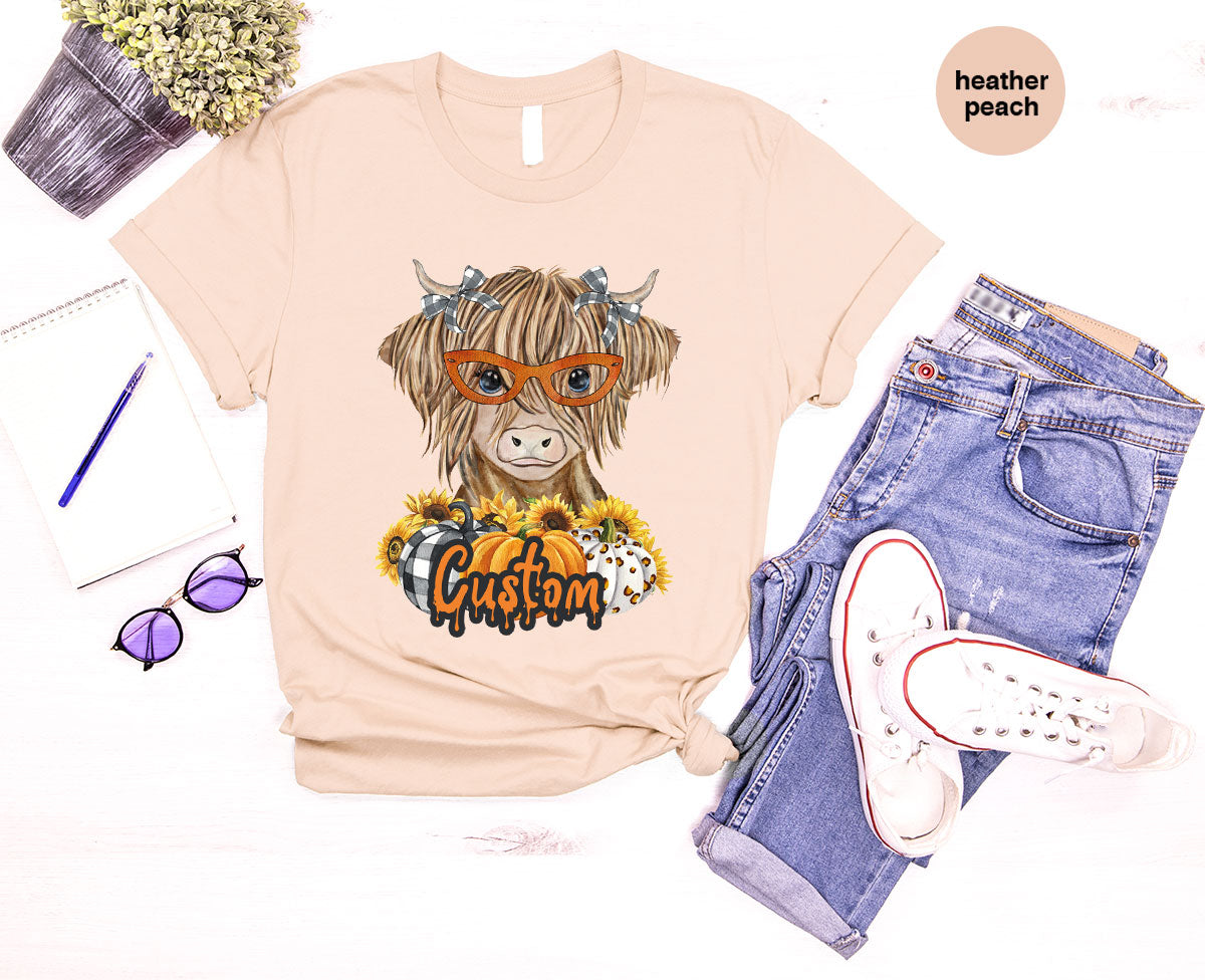 Custom Cow Shirt, Fall Graphic Tees, Personalized Farmer Gifts, Customized Pumpkin T-Shirt, Kids Farm Clothing, Thanksgiving Vneck Tshirt