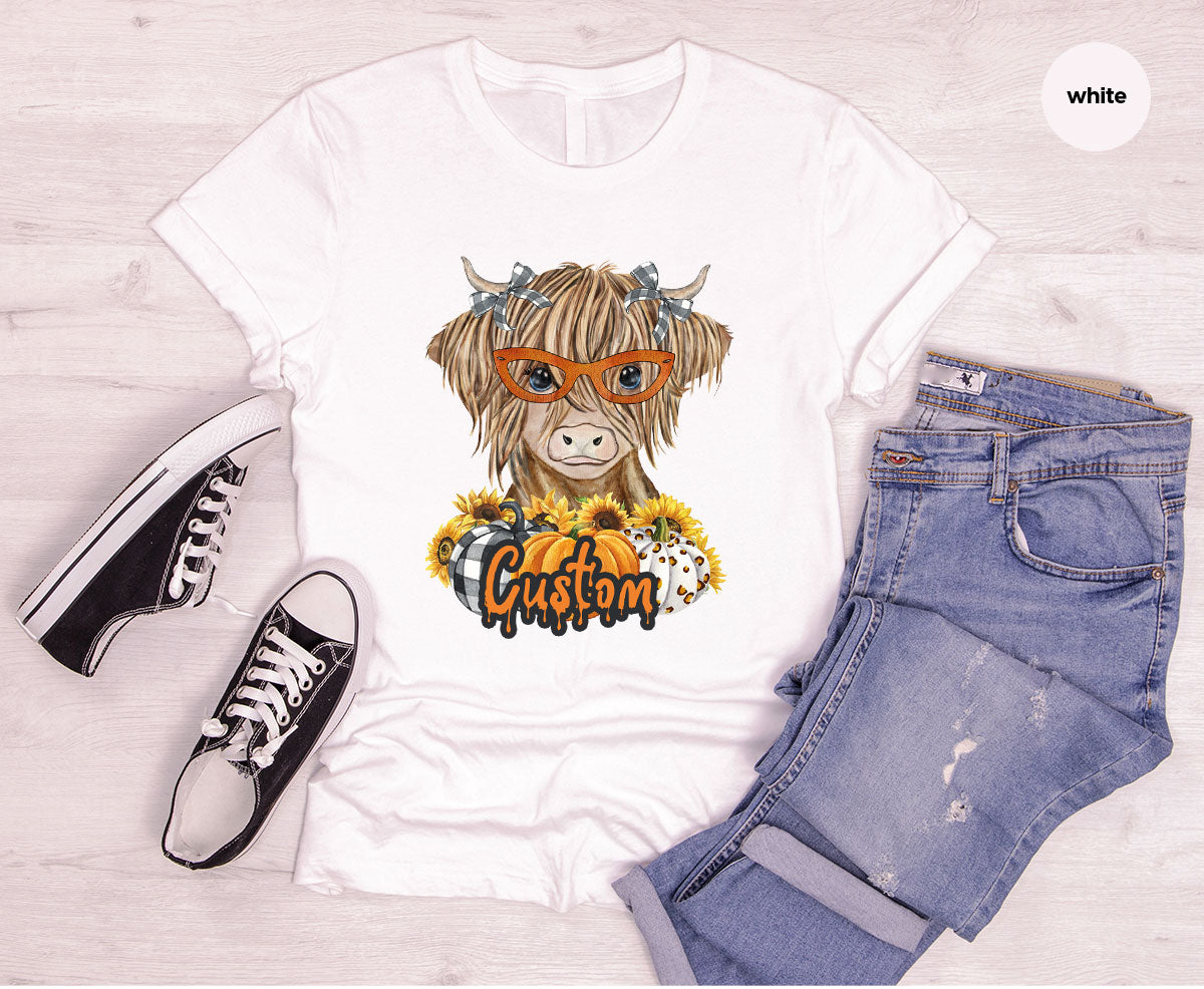 Custom Cow Shirt, Fall Graphic Tees, Personalized Farmer Gifts, Customized Pumpkin T-Shirt, Kids Farm Clothing, Thanksgiving Vneck Tshirt