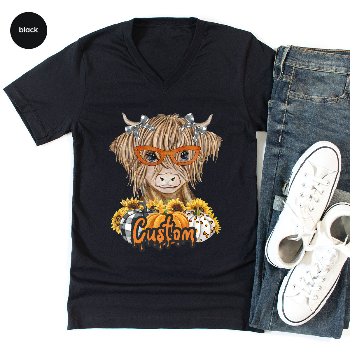 Custom Cow Shirt, Fall Graphic Tees, Personalized Farmer Gifts, Customized Pumpkin T-Shirt, Kids Farm Clothing, Thanksgiving Vneck Tshirt