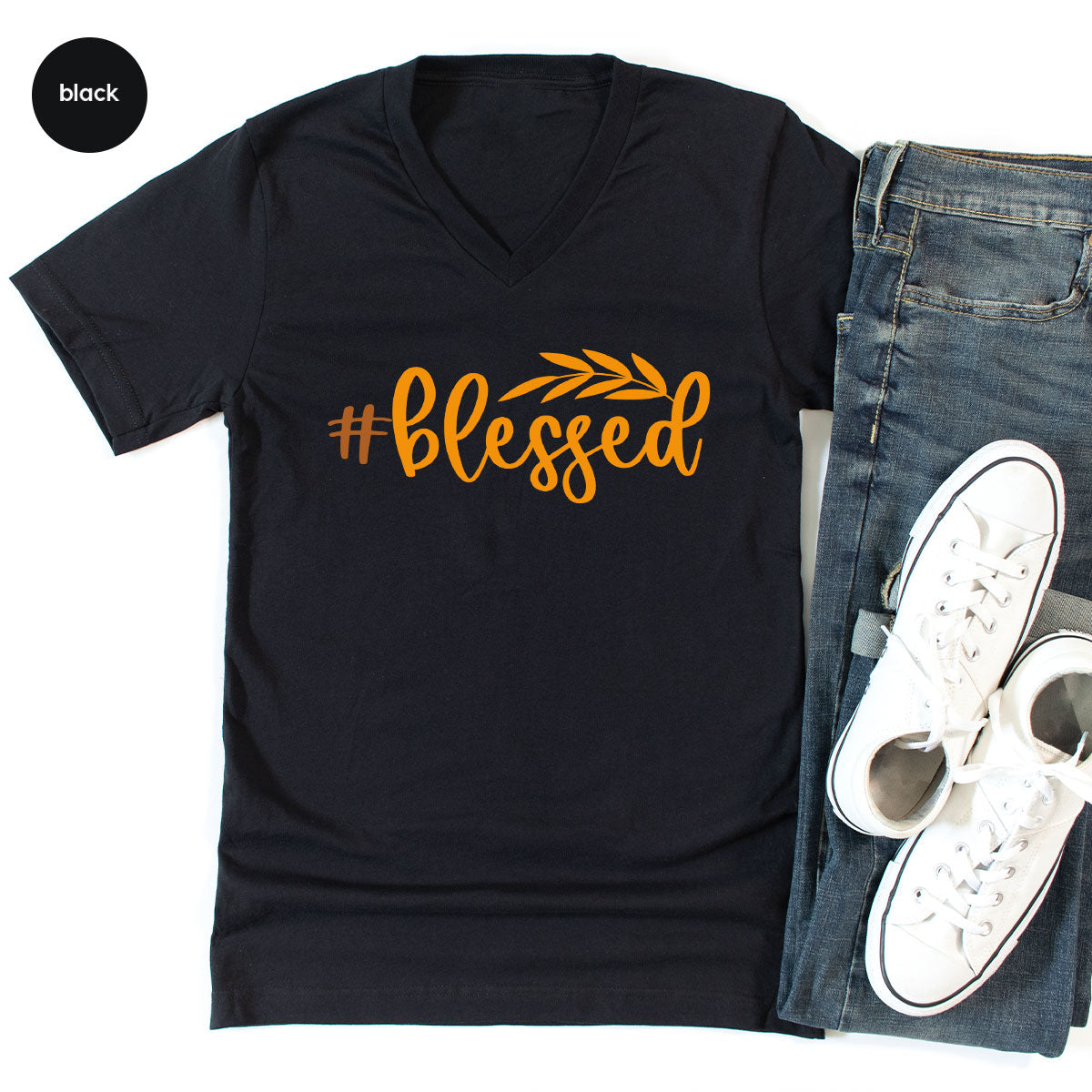 Cute Blessed T-Shirt, Fall Leaves Graphic Tees, Gift for Her, Womens Autumn Clothing, Thanksgiving Sweatshirt, Girls Vneck Tshirts