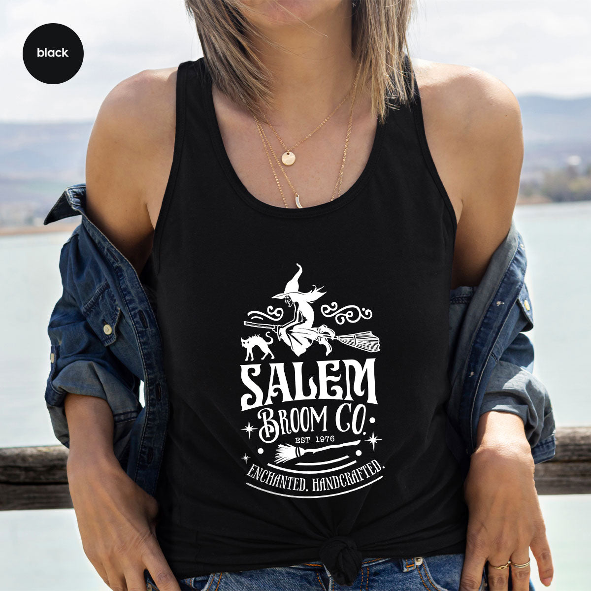 Halloween T-Shirt, Halloween Gifts, Salem Graphic Tees, Witchy Gifts, Witch Crewneck Sweatshirt, Womens Vneck T Shirt, Broom Shirt