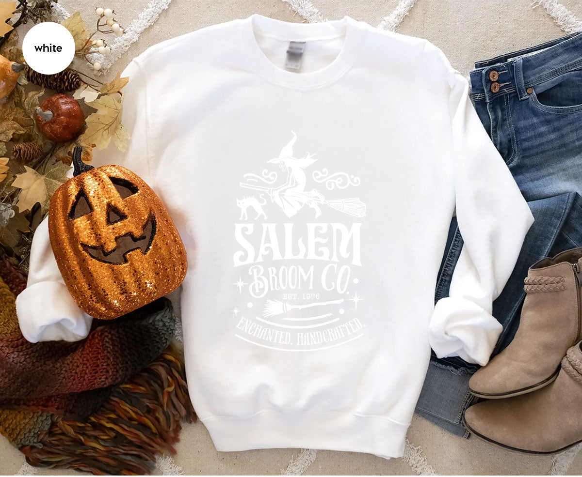 Halloween T-Shirt, Halloween Gifts, Salem Graphic Tees, Witchy Gifts, Witch Crewneck Sweatshirt, Womens Vneck T Shirt, Broom Shirt