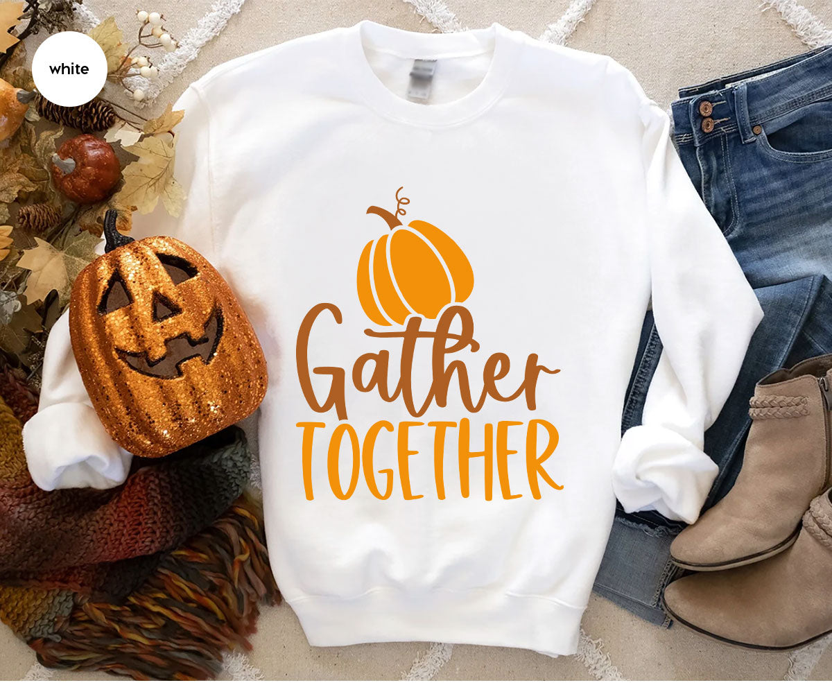 Fall Crewneck Sweatshirt, Thanksgiving Family Outfits, Pumpkin Graphic Tees, Autumn Clothing, Thankful Toddler Tshirt, Gather Together Shirt