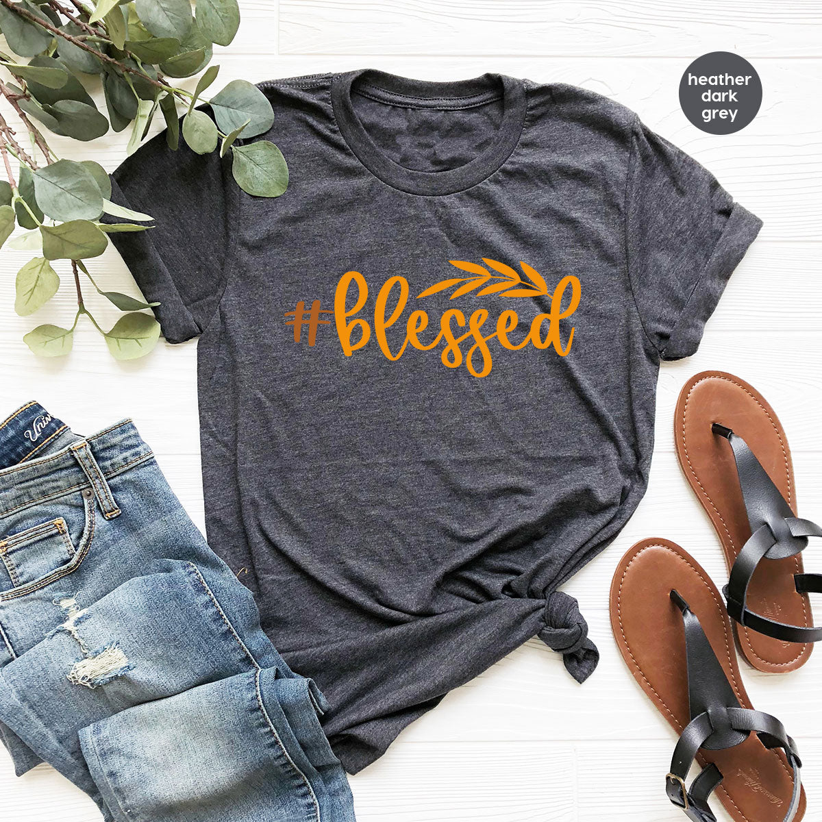 Cute Blessed T-Shirt, Fall Leaves Graphic Tees, Gift for Her, Womens Autumn Clothing, Thanksgiving Sweatshirt, Girls Vneck Tshirts