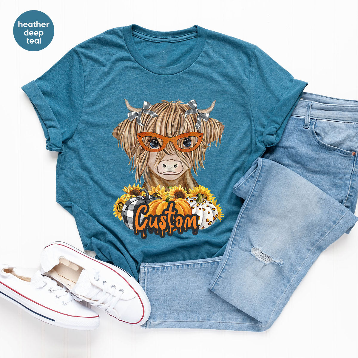 Custom Cow Shirt, Fall Graphic Tees, Personalized Farmer Gifts, Customized Pumpkin T-Shirt, Kids Farm Clothing, Thanksgiving Vneck Tshirt