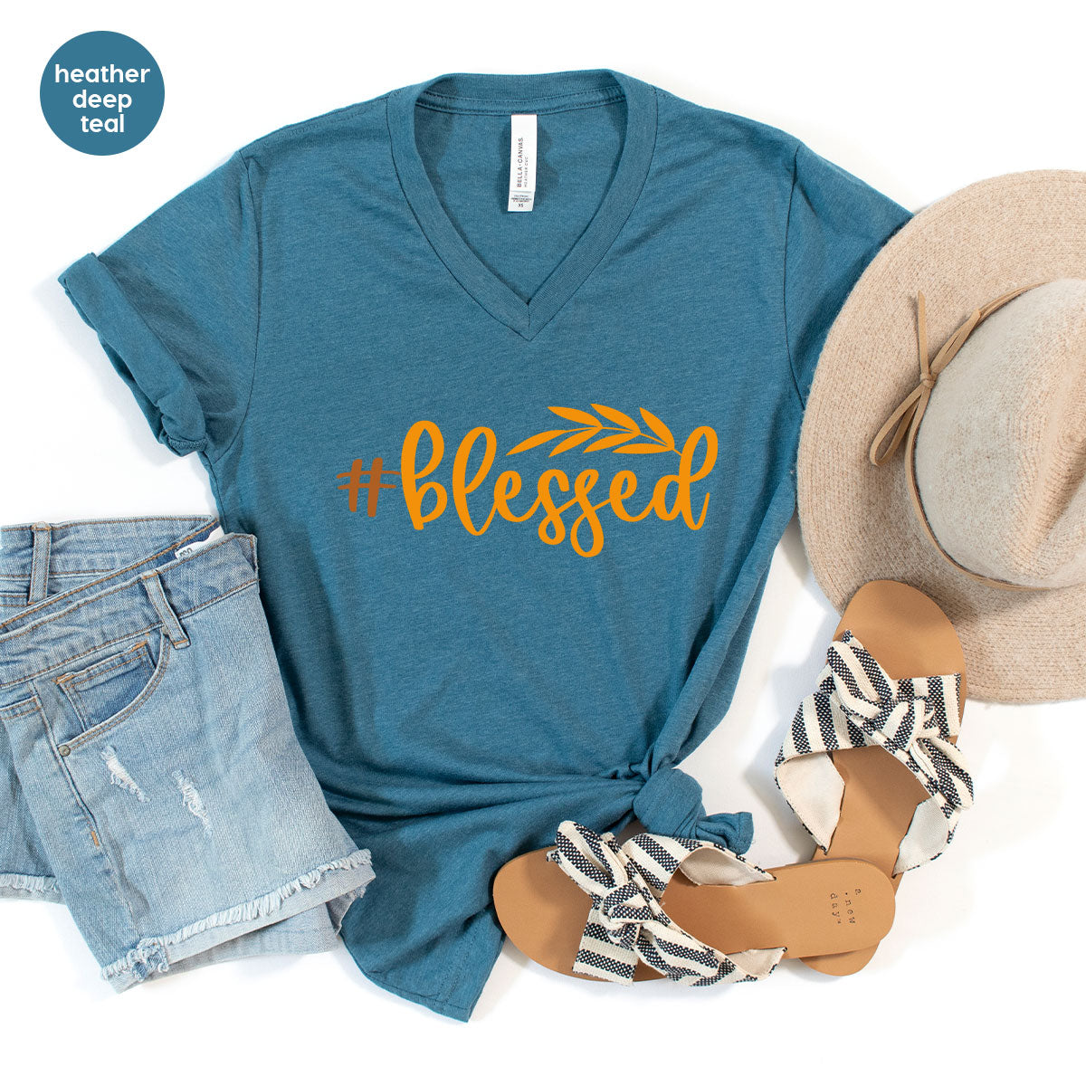 Cute Blessed T-Shirt, Fall Leaves Graphic Tees, Gift for Her, Womens Autumn Clothing, Thanksgiving Sweatshirt, Girls Vneck Tshirts