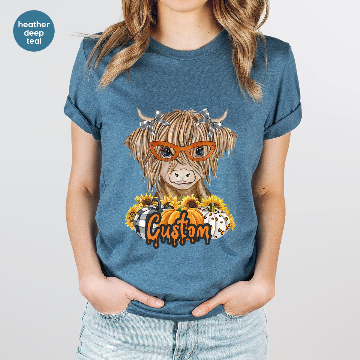 Custom Cow Shirt, Fall Graphic Tees, Personalized Farmer Gifts, Customized Pumpkin T-Shirt, Kids Farm Clothing, Thanksgiving Vneck Tshirt