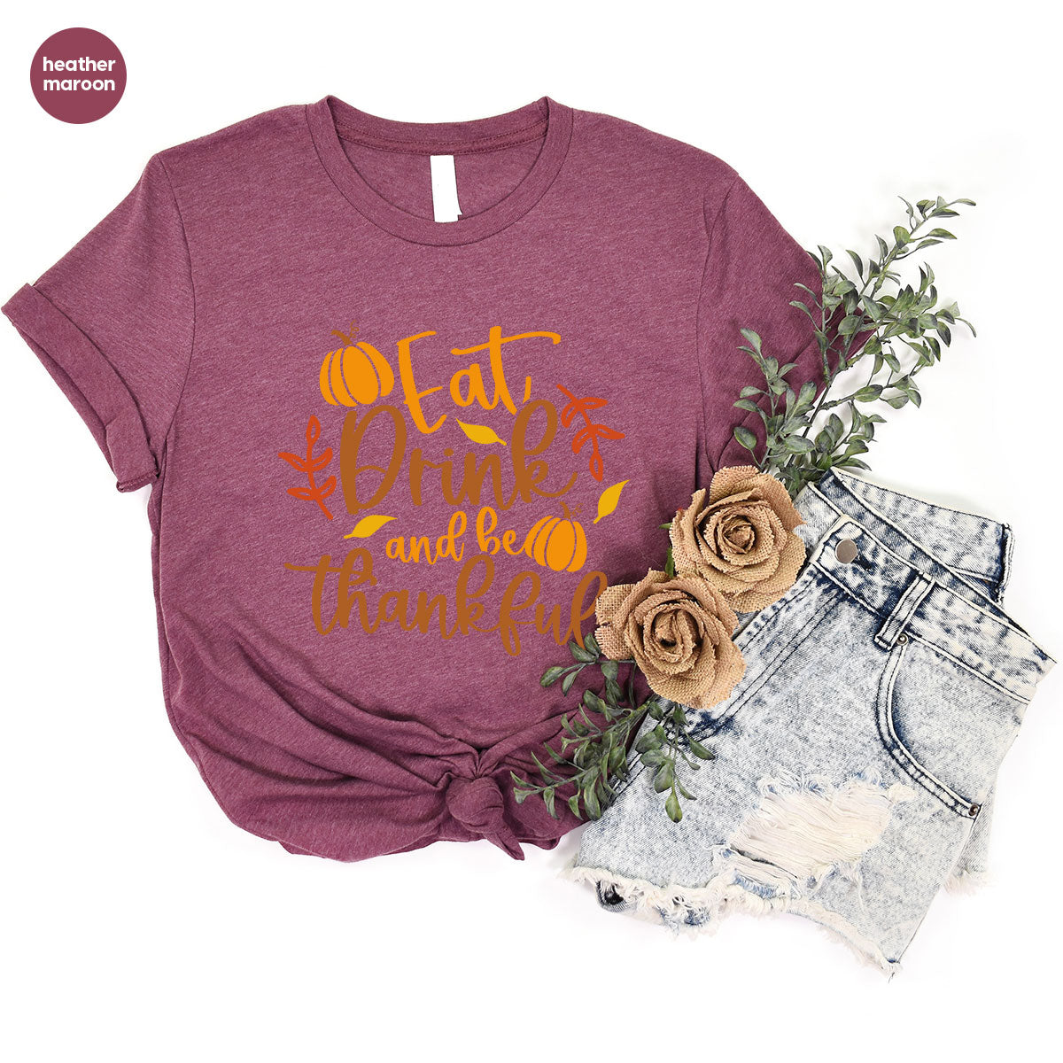 Cute Pumpkin T-Shirt, Fall Graphic Tees, Thankful Gifts, Thanksgiving Outfits, Autumn Crewneck Sweatshirt, Fall Leaves Vneck Shirt