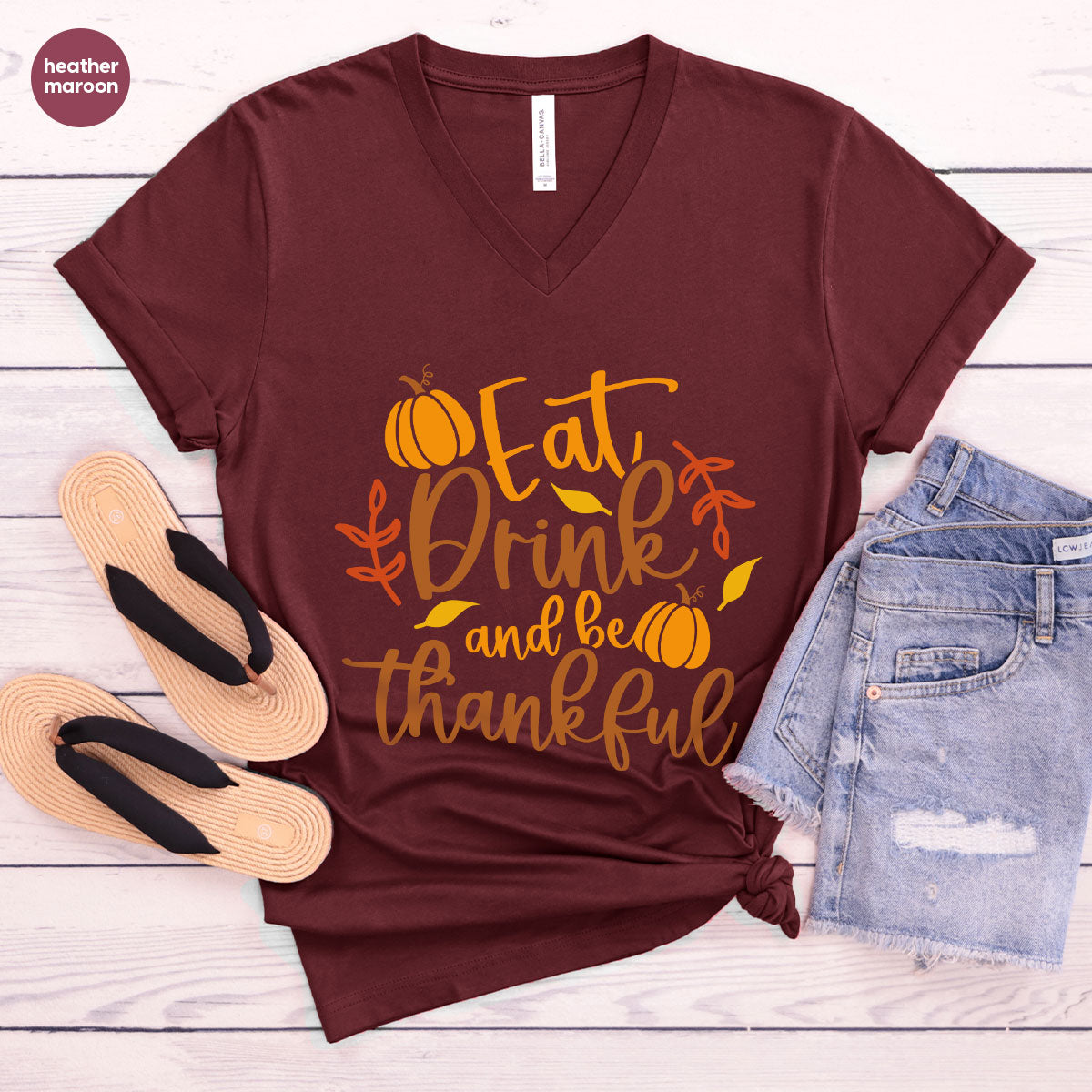 Cute Pumpkin T-Shirt, Fall Graphic Tees, Thankful Gifts, Thanksgiving Outfits, Autumn Crewneck Sweatshirt, Fall Leaves Vneck Shirt