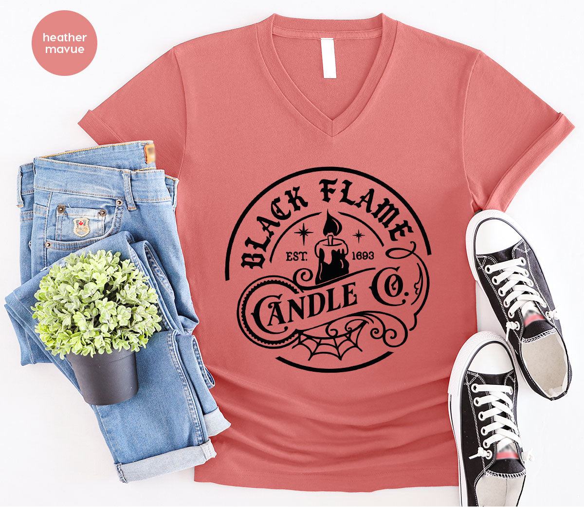 Black Flame Candle Shirt, Halloween Gifts, Hocus Pocus Tshirt, Halloween Party Clothing, Witch Vneck T-Shirt, Witchy Shirts, Gift for Her
