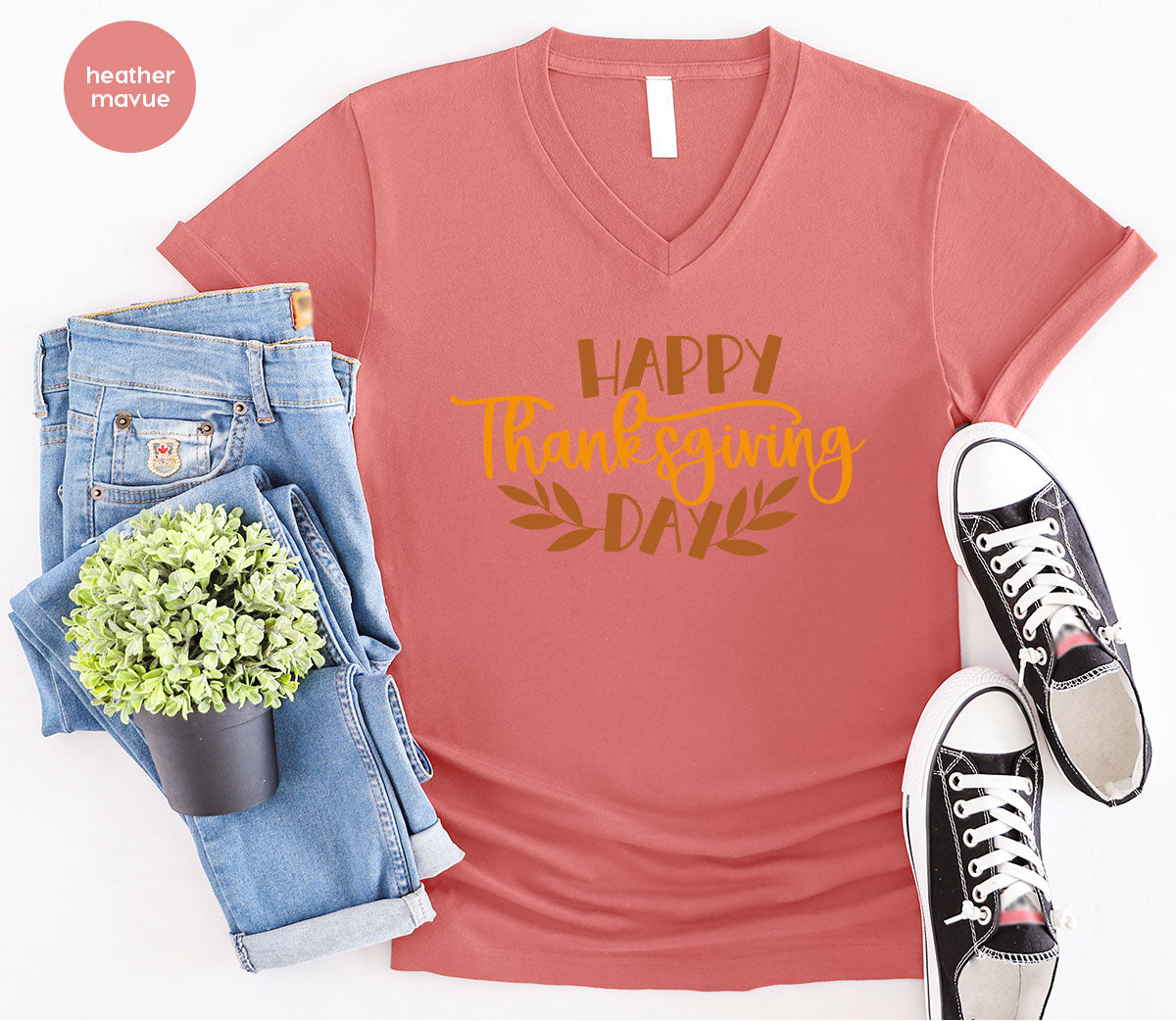 Happy Thanksgiving Day T-Shirt, Matching Family Shirts, Fall Crewneck Sweatshirt, Family Gifts, Leaves Graphic Tees, Autumn Vneck TShirt