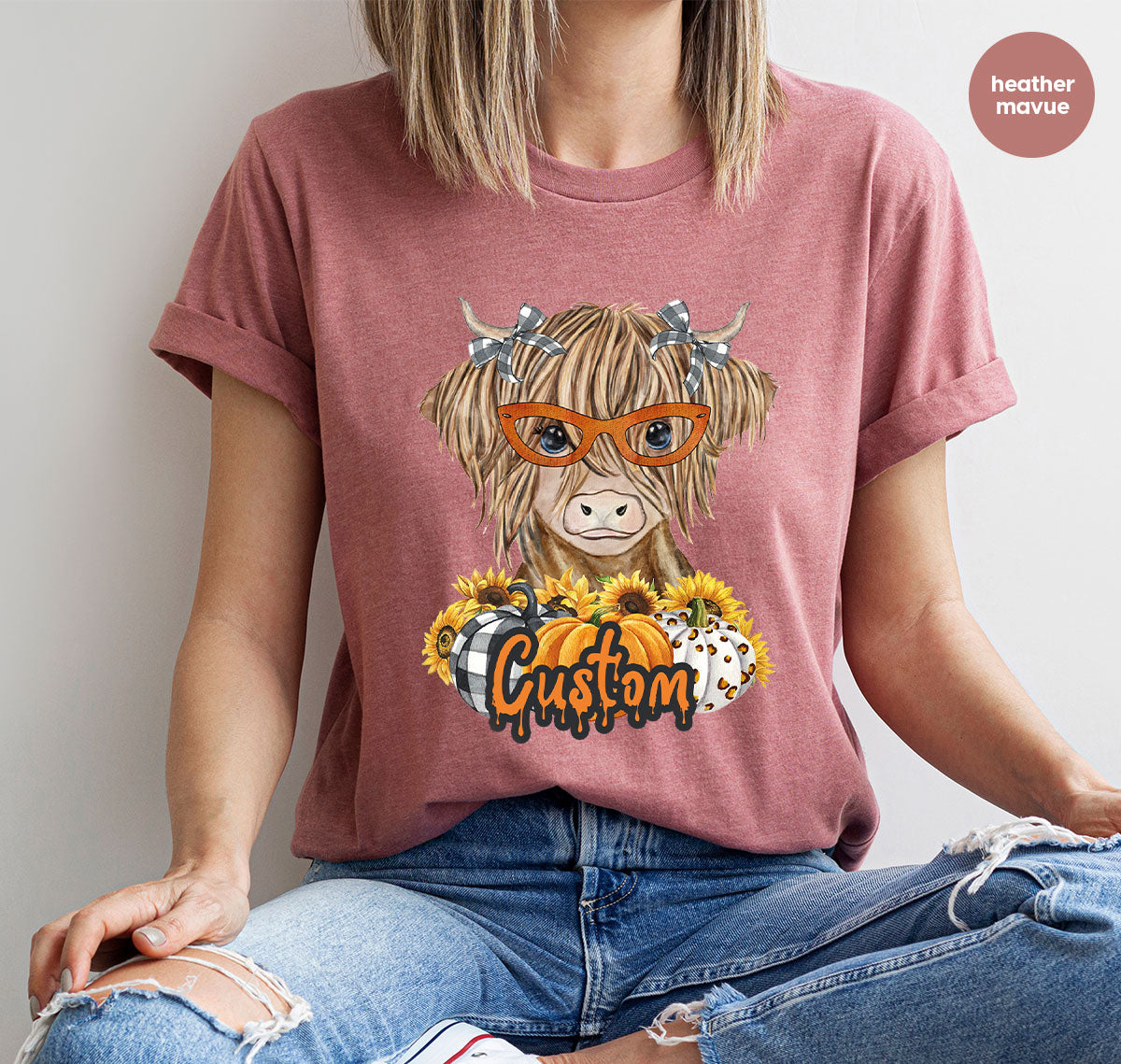 Custom Cow Shirt, Fall Graphic Tees, Personalized Farmer Gifts, Customized Pumpkin T-Shirt, Kids Farm Clothing, Thanksgiving Vneck Tshirt