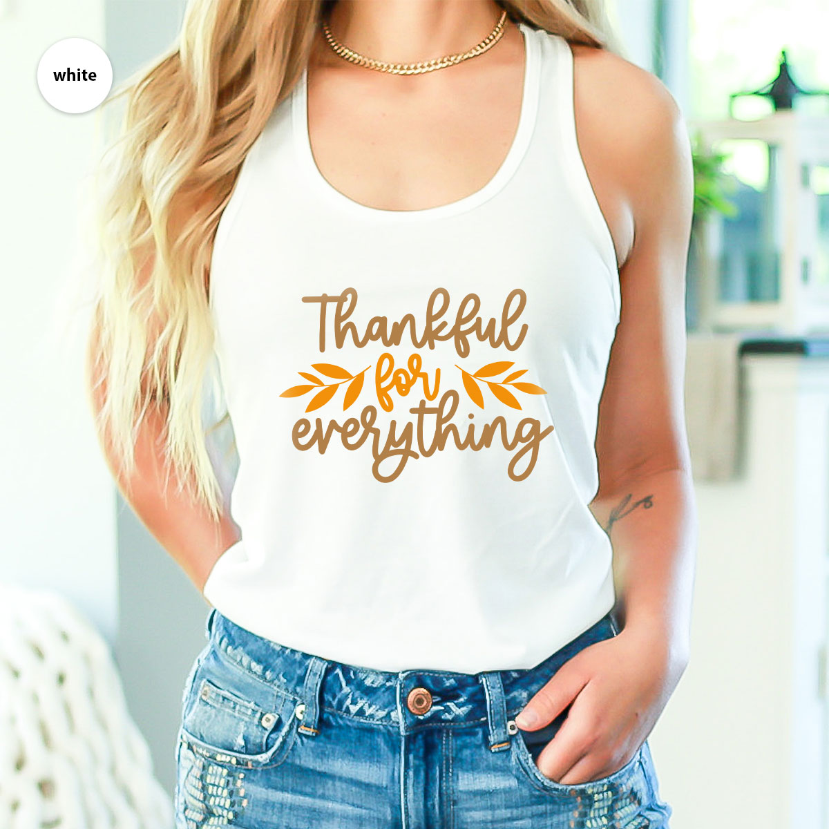 Thanksgiving T Shirts, Gifts for Her, Fall Leaves Graphic Tees, Autumn Clothing, Thankful for Everything T-Shirt, Womens Vneck TShirt