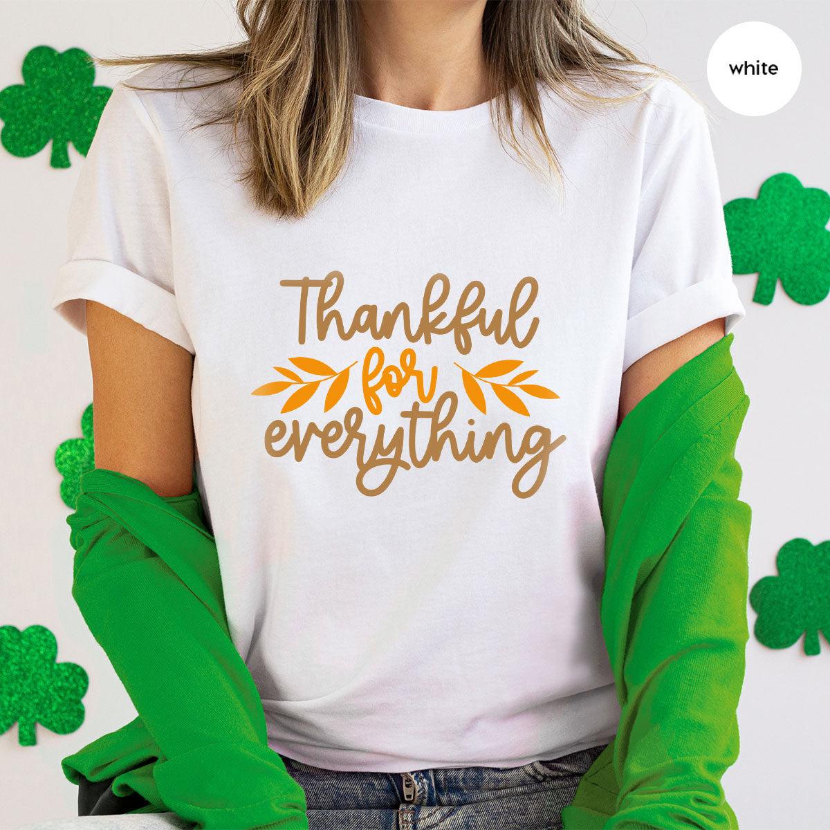 Thanksgiving T Shirts, Gifts for Her, Fall Leaves Graphic Tees, Autumn Clothing, Thankful for Everything T-Shirt, Womens Vneck TShirt