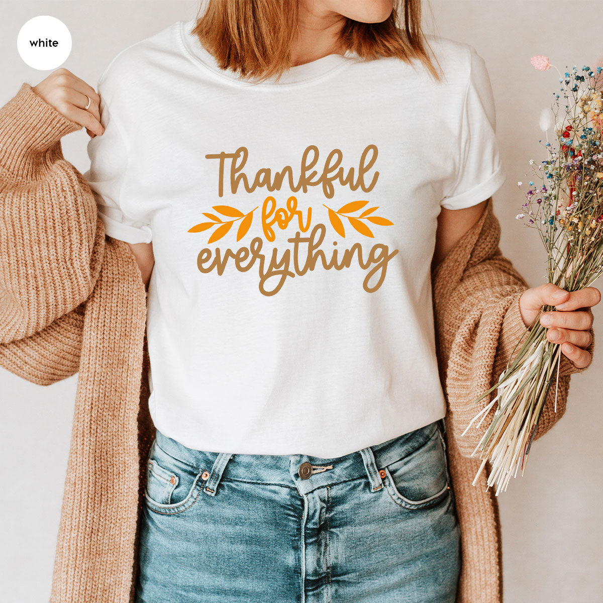 Thanksgiving T Shirts, Gifts for Her, Fall Leaves Graphic Tees, Autumn Clothing, Thankful for Everything T-Shirt, Womens Vneck TShirt