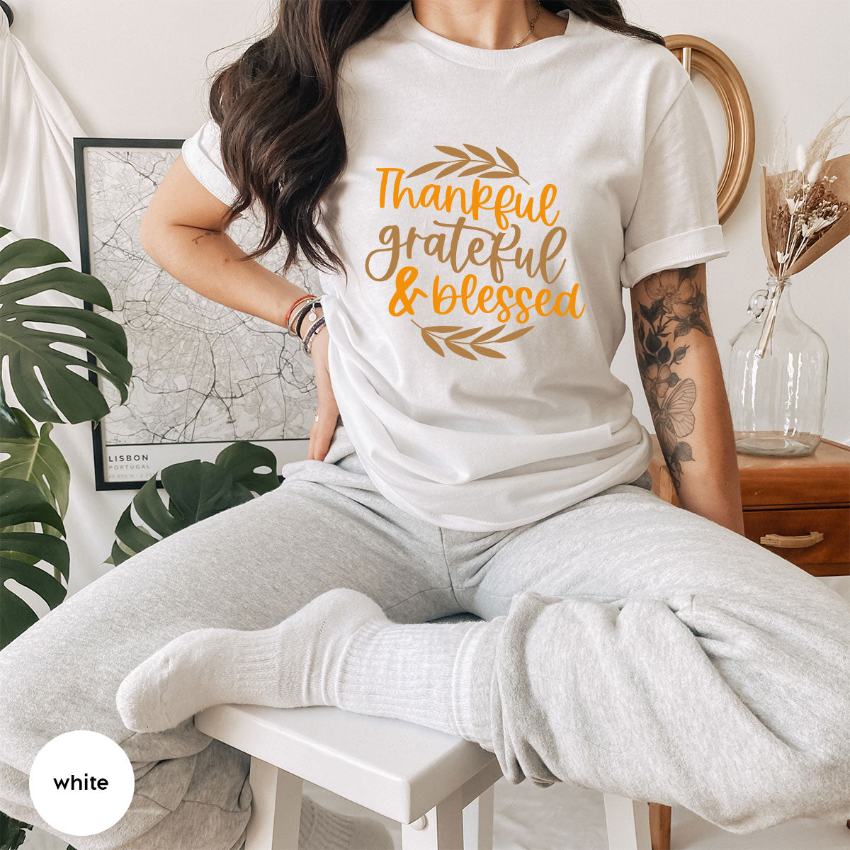 Fall Tshirt, Autumn Clothing, Gift for Her, Happy Thanksgiving Outfit, Leaves Graphic Tees, Thankful Grateful Blessed T-Shirt