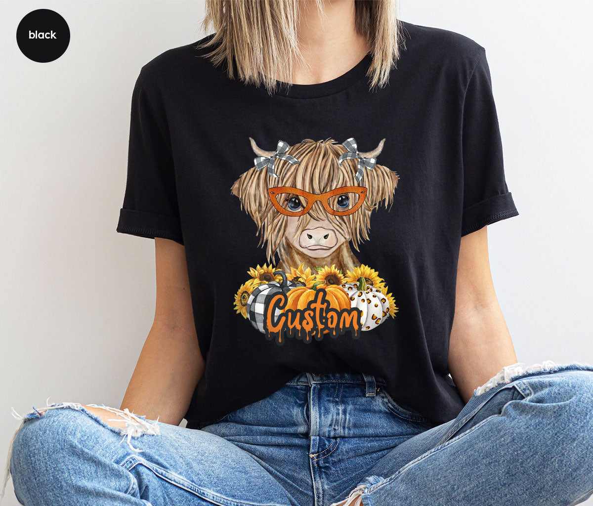 Custom Cow Shirt, Fall Graphic Tees, Personalized Farmer Gifts, Customized Pumpkin T-Shirt, Kids Farm Clothing, Thanksgiving Vneck Tshirt