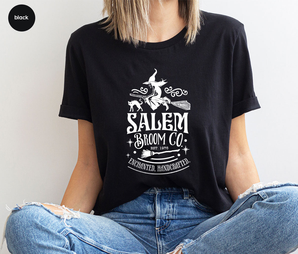 Halloween T-Shirt, Halloween Gifts, Salem Graphic Tees, Witchy Gifts, Witch Crewneck Sweatshirt, Womens Vneck T Shirt, Broom Shirt