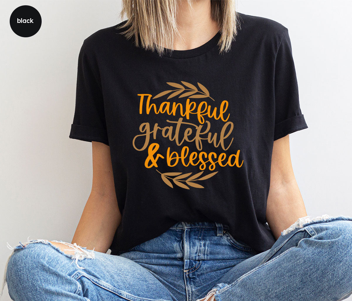 Fall Tshirt, Autumn Clothing, Gift for Her, Happy Thanksgiving Outfit, Leaves Graphic Tees, Thankful Grateful Blessed T-Shirt