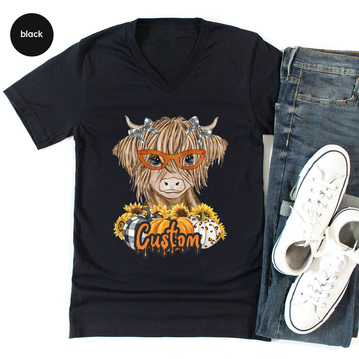 Custom Cow Shirt, Fall Graphic Tees, Personalized Farmer Gifts, Customized Pumpkin T-Shirt, Kids Farm Clothing, Thanksgiving Vneck Tshirt