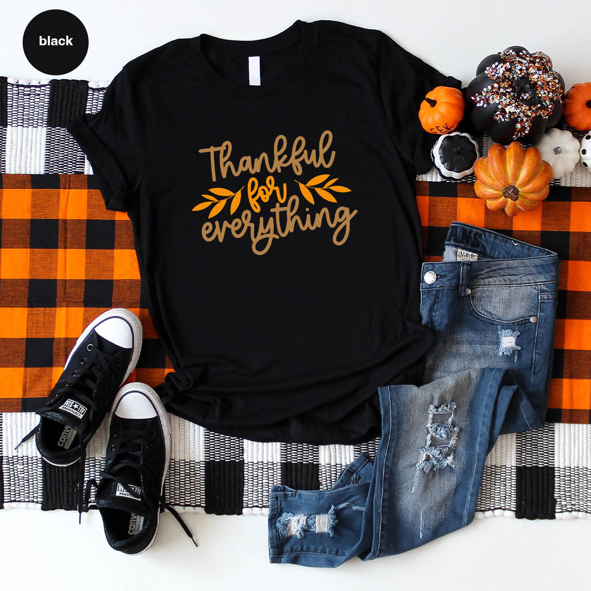 Thanksgiving T Shirts, Gifts for Her, Fall Leaves Graphic Tees, Autumn Clothing, Thankful for Everything T-Shirt, Womens Vneck TShirt