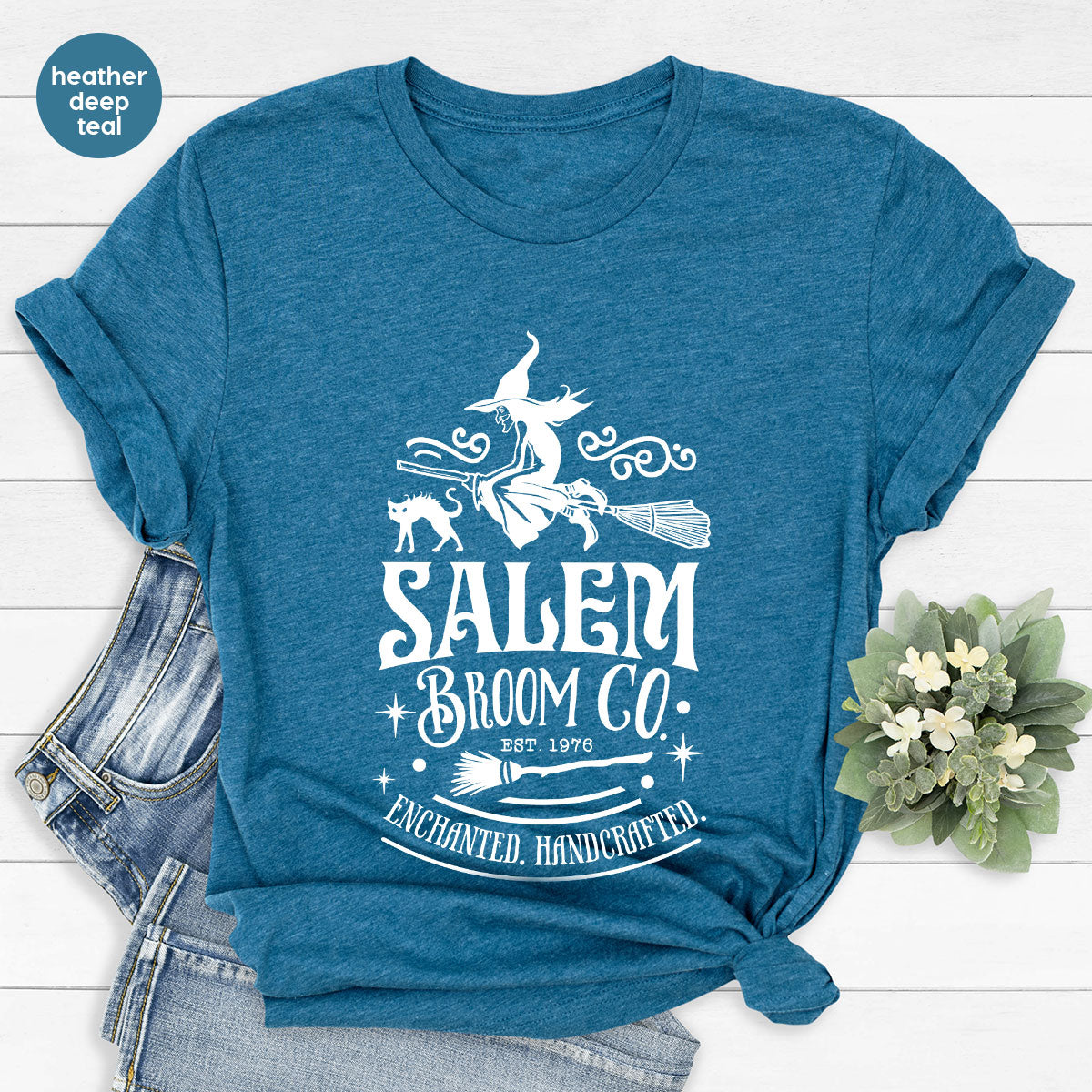 Halloween T-Shirt, Halloween Gifts, Salem Graphic Tees, Witchy Gifts, Witch Crewneck Sweatshirt, Womens Vneck T Shirt, Broom Shirt