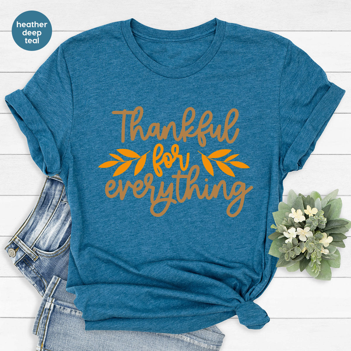 Thanksgiving T Shirts, Gifts for Her, Fall Leaves Graphic Tees, Autumn Clothing, Thankful for Everything T-Shirt, Womens Vneck TShirt