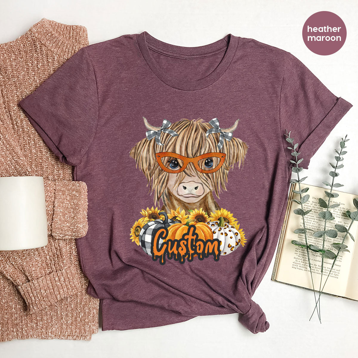 Custom Cow Shirt, Fall Graphic Tees, Personalized Farmer Gifts, Customized Pumpkin T-Shirt, Kids Farm Clothing, Thanksgiving Vneck Tshirt