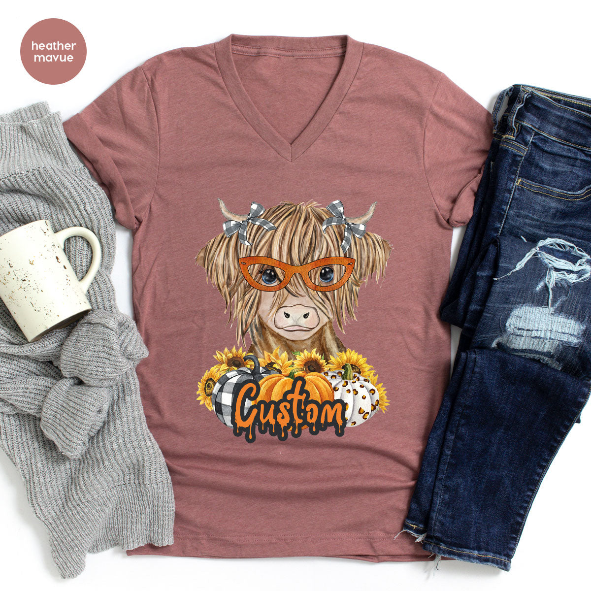 Custom Cow Shirt, Fall Graphic Tees, Personalized Farmer Gifts, Customized Pumpkin T-Shirt, Kids Farm Clothing, Thanksgiving Vneck Tshirt