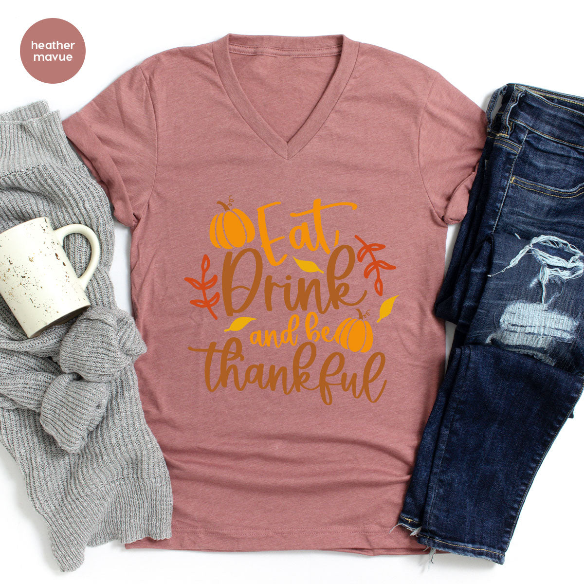 Cute Pumpkin T-Shirt, Fall Graphic Tees, Thankful Gifts, Thanksgiving Outfits, Autumn Crewneck Sweatshirt, Fall Leaves Vneck Shirt