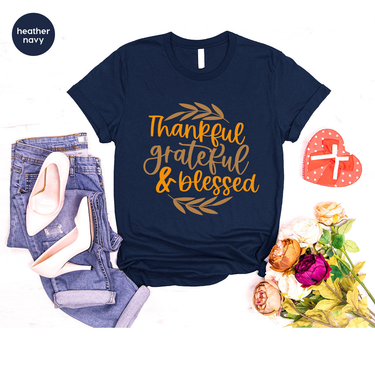 Fall Tshirt, Autumn Clothing, Gift for Her, Happy Thanksgiving Outfit, Leaves Graphic Tees, Thankful Grateful Blessed T-Shirt