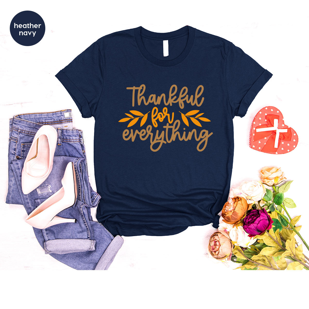 Thanksgiving T Shirts, Gifts for Her, Fall Leaves Graphic Tees, Autumn Clothing, Thankful for Everything T-Shirt, Womens Vneck TShirt