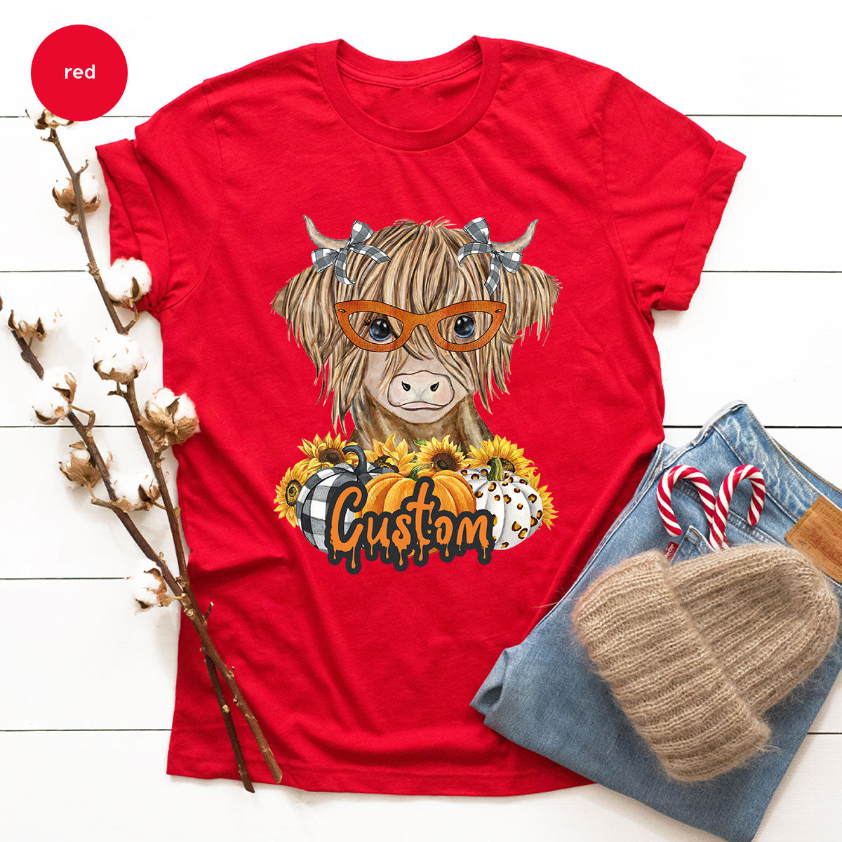 Custom Cow Shirt, Fall Graphic Tees, Personalized Farmer Gifts, Customized Pumpkin T-Shirt, Kids Farm Clothing, Thanksgiving Vneck Tshirt