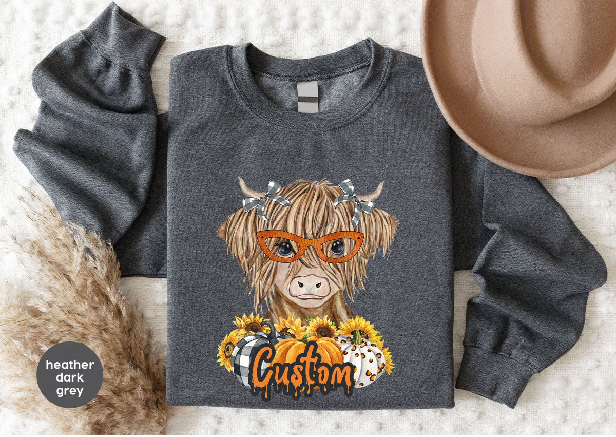 Custom Cow Shirt, Fall Graphic Tees, Personalized Farmer Gifts, Customized Pumpkin T-Shirt, Kids Farm Clothing, Thanksgiving Vneck Tshirt