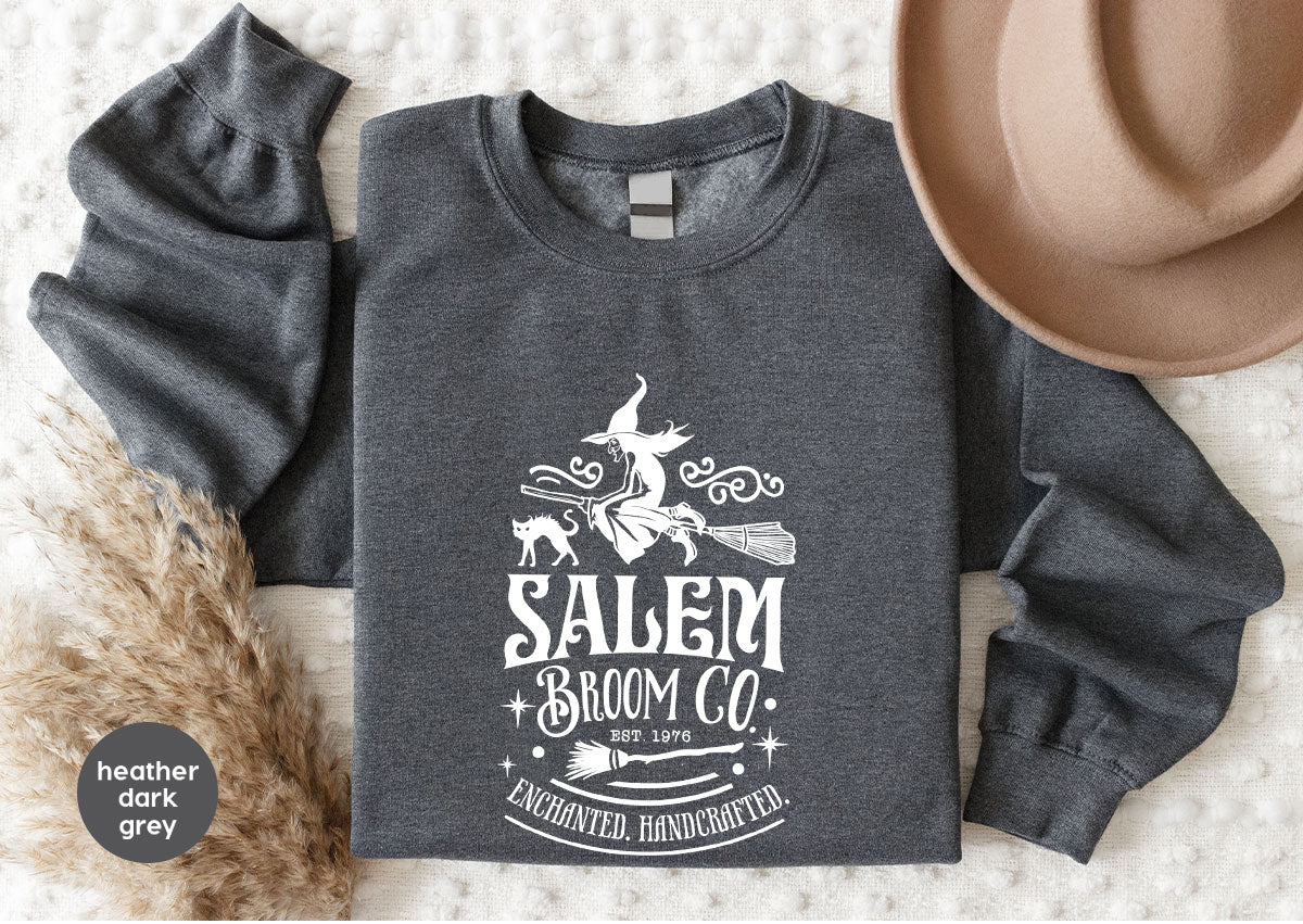 Halloween T-Shirt, Halloween Gifts, Salem Graphic Tees, Witchy Gifts, Witch Crewneck Sweatshirt, Womens Vneck T Shirt, Broom Shirt