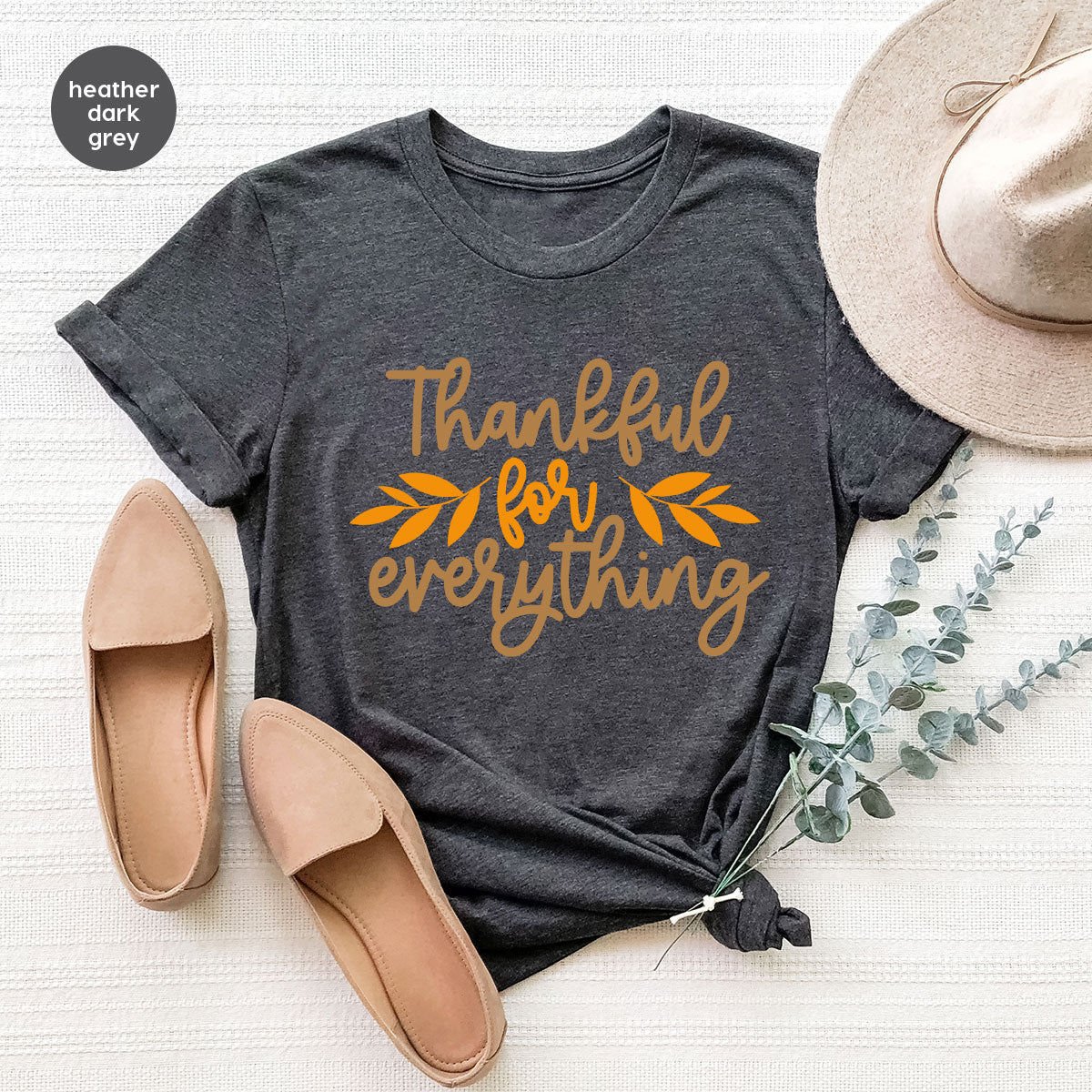 Thanksgiving T Shirts, Gifts for Her, Fall Leaves Graphic Tees, Autumn Clothing, Thankful for Everything T-Shirt, Womens Vneck TShirt