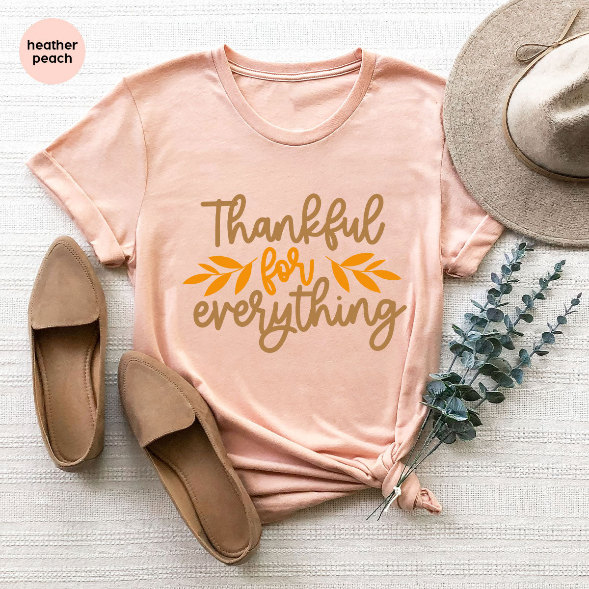 Thanksgiving T Shirts, Gifts for Her, Fall Leaves Graphic Tees, Autumn Clothing, Thankful for Everything T-Shirt, Womens Vneck TShirt