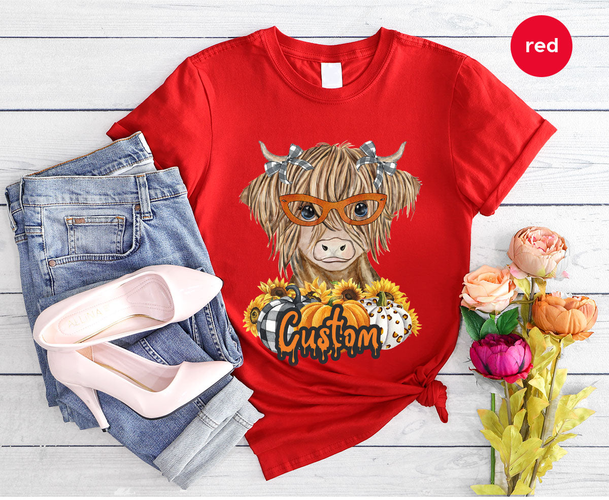 Custom Cow Shirt, Fall Graphic Tees, Personalized Farmer Gifts, Customized Pumpkin T-Shirt, Kids Farm Clothing, Thanksgiving Vneck Tshirt