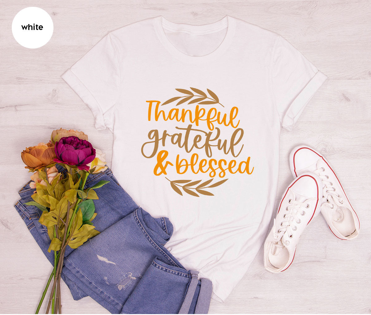 Fall Tshirt, Autumn Clothing, Gift for Her, Happy Thanksgiving Outfit, Leaves Graphic Tees, Thankful Grateful Blessed T-Shirt