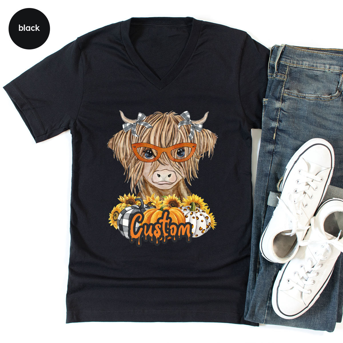 Custom Cow Shirt, Fall Graphic Tees, Personalized Farmer Gifts, Customized Pumpkin T-Shirt, Kids Farm Clothing, Thanksgiving Vneck Tshirt