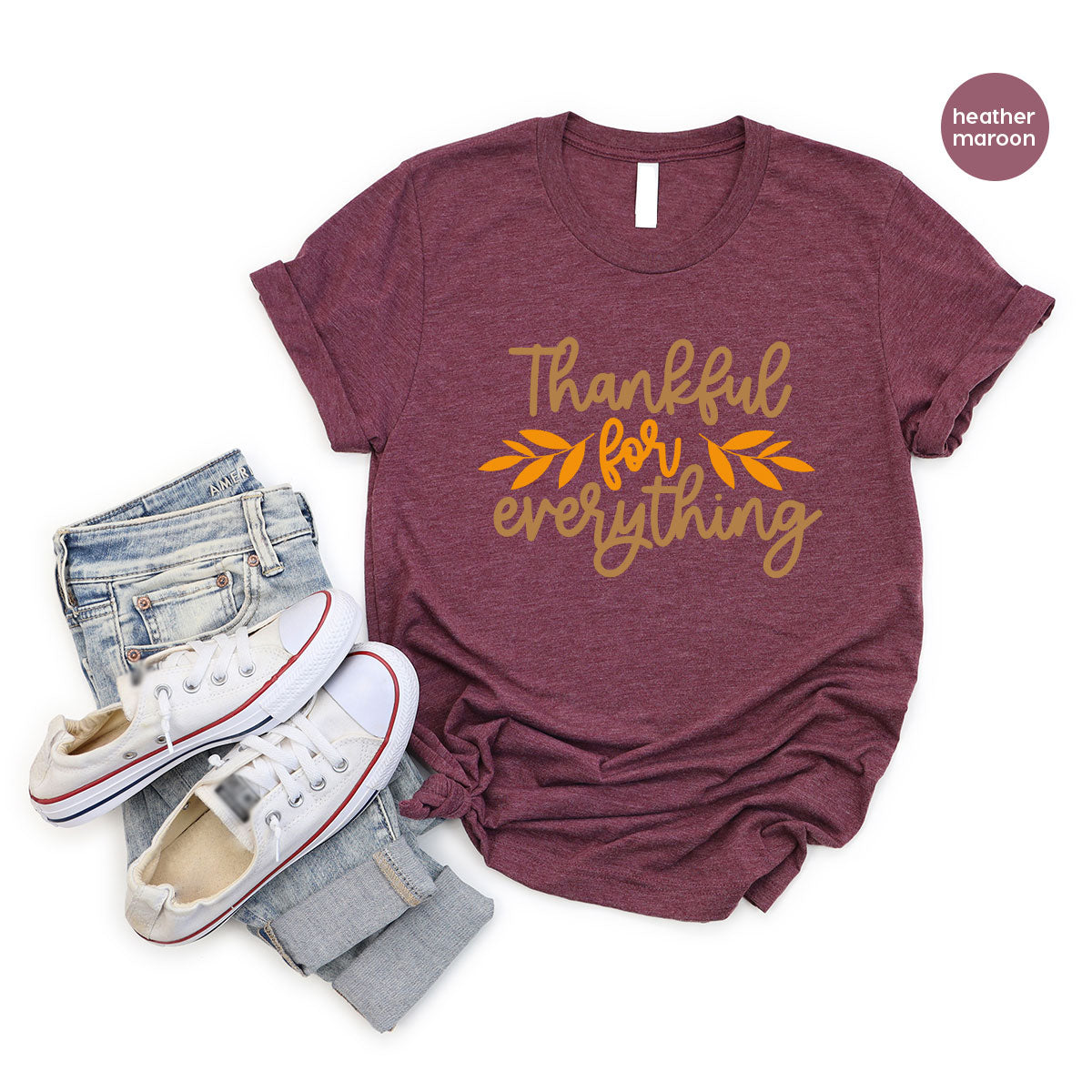 Thanksgiving T Shirts, Gifts for Her, Fall Leaves Graphic Tees, Autumn Clothing, Thankful for Everything T-Shirt, Womens Vneck TShirt