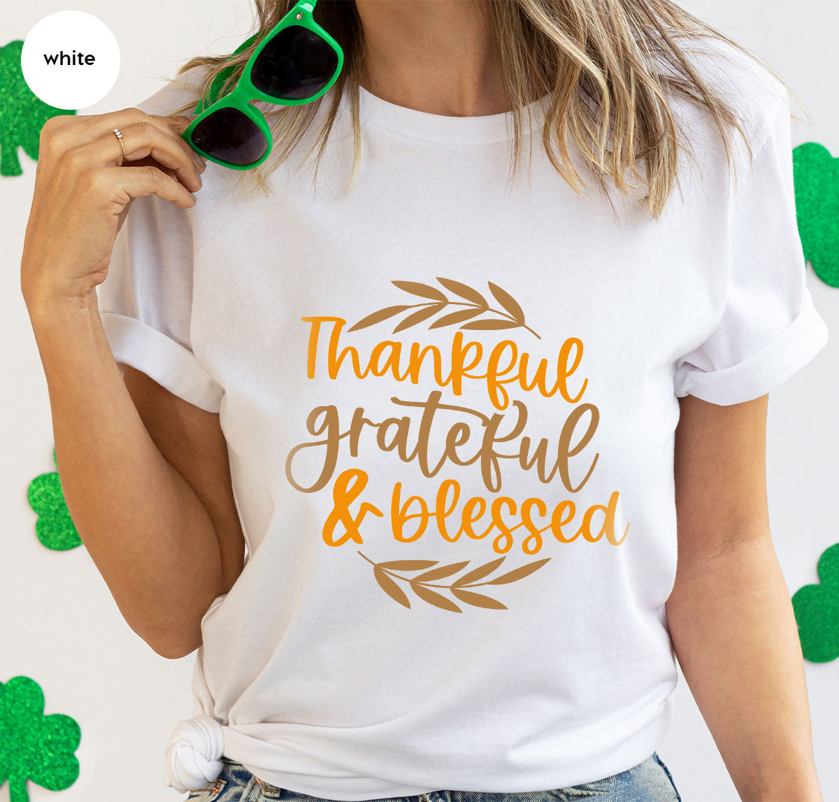 Fall Tshirt, Autumn Clothing, Gift for Her, Happy Thanksgiving Outfit, Leaves Graphic Tees, Thankful Grateful Blessed T-Shirt