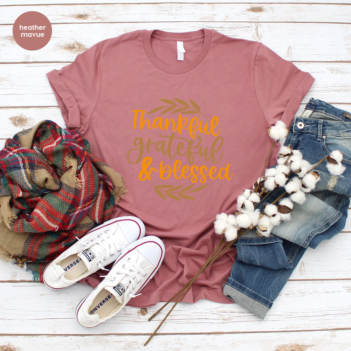 Fall Tshirt, Autumn Clothing, Gift for Her, Happy Thanksgiving Outfit, Leaves Graphic Tees, Thankful Grateful Blessed T-Shirt