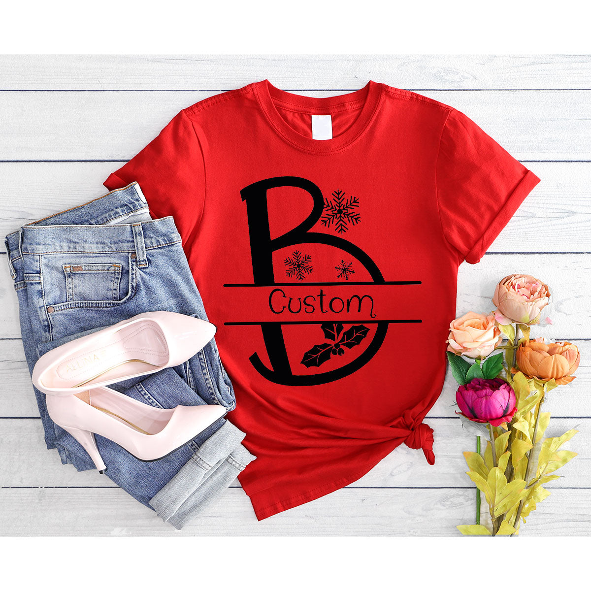 Custom Christmas T-Shirt, White Peach Design Shirt, Christmas Personalized Shirt